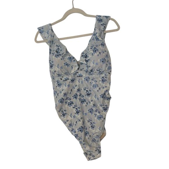NWT A Pea in the Pod Ruffled Maternity Floral Swimsuit Light Blue Size M - Picture 1 of 7